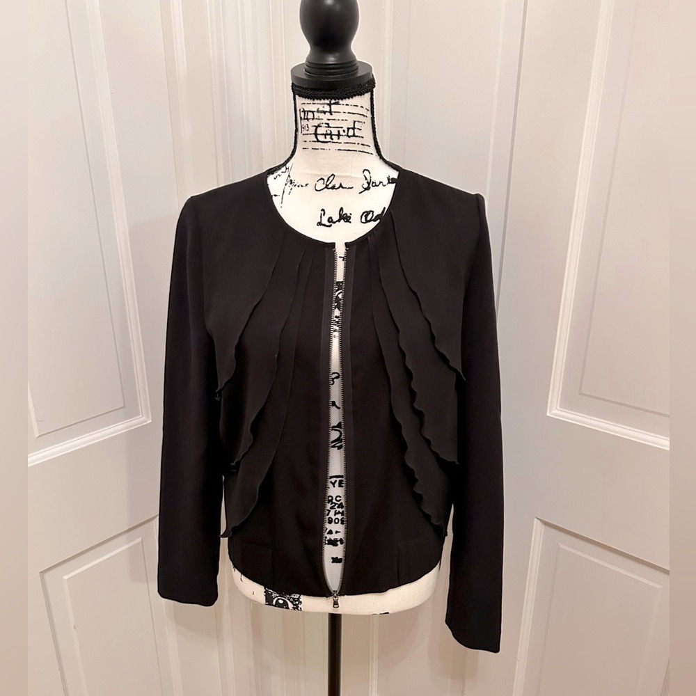 GAP Full Zip‎ Ruffle Front Jacket Blazer Black Women Sz M